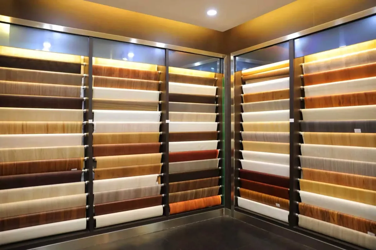 Architectural film finish example installed on cabinetry and interior surfaces